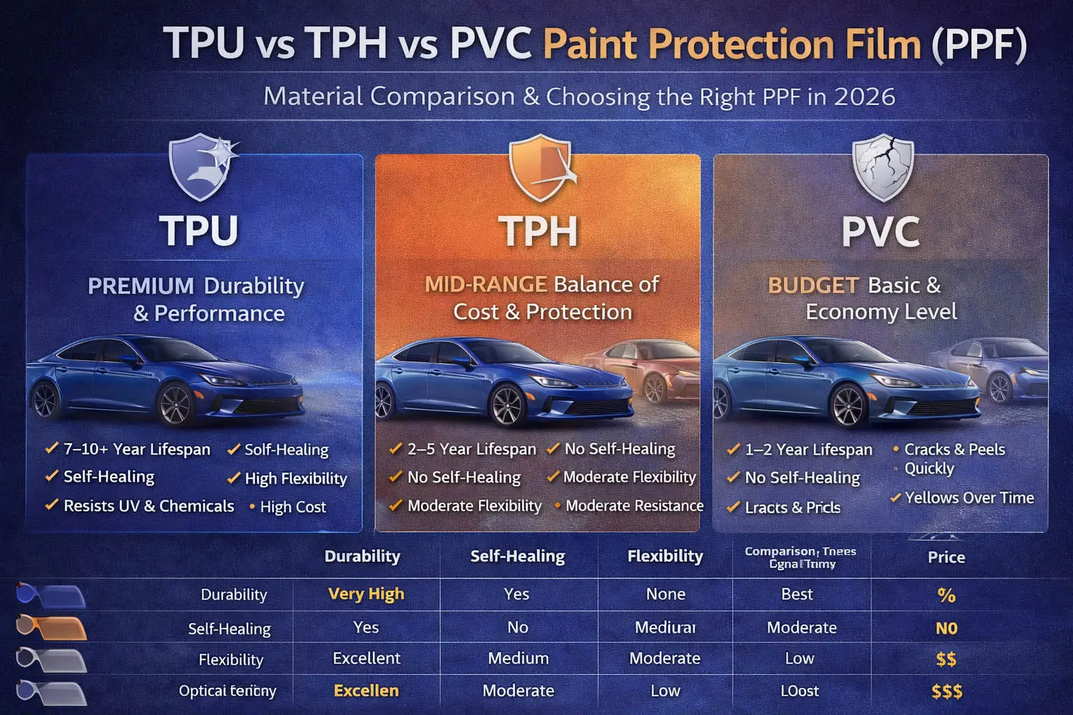 TPU vs TPH vs PVC Lackschutzfolie (PPF): Materialvergleich & Wie man auswählt 2026